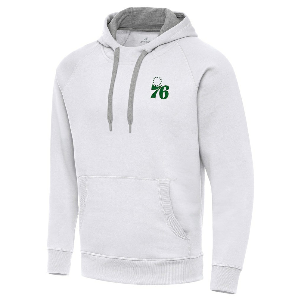 White Philadelphia 76ers Antigua St. Patrick's Day Victory Raglan Pullover Hoodie | NBA