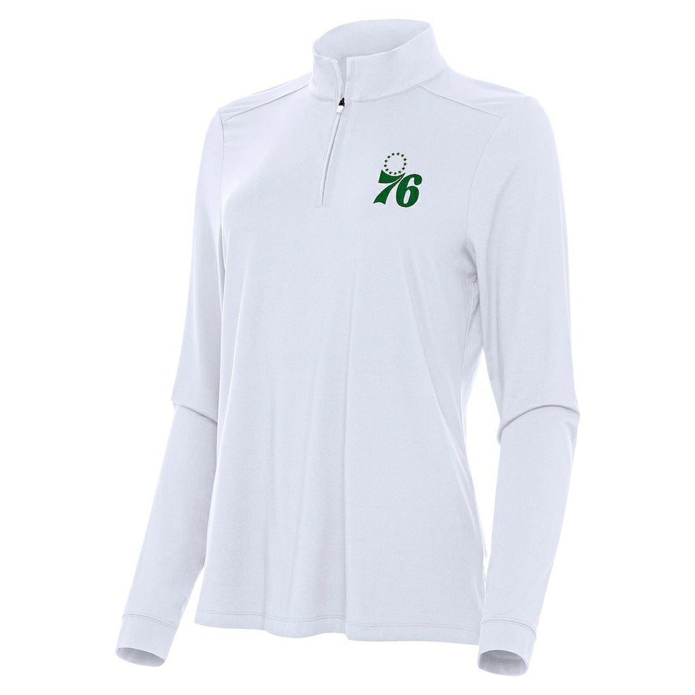 White Philadelphia 76ers Antigua Women's St. Patrick's Day Intent Quarter-Zip Top | NBA