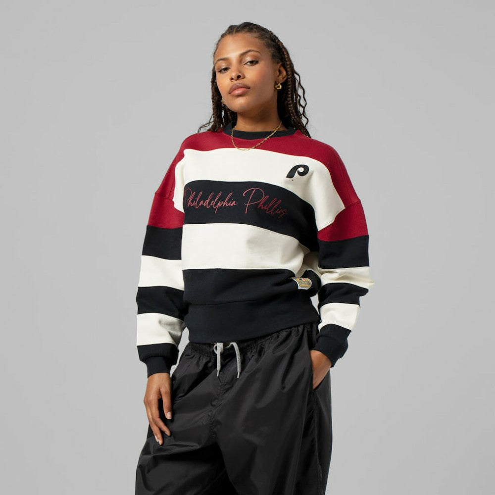 Philadelphia Phillies Mitchell & Ness Women's Cooperstown Collection Blocked Fleece Pullover Sweatshirt- Burgundy/Black - MLB Pullover