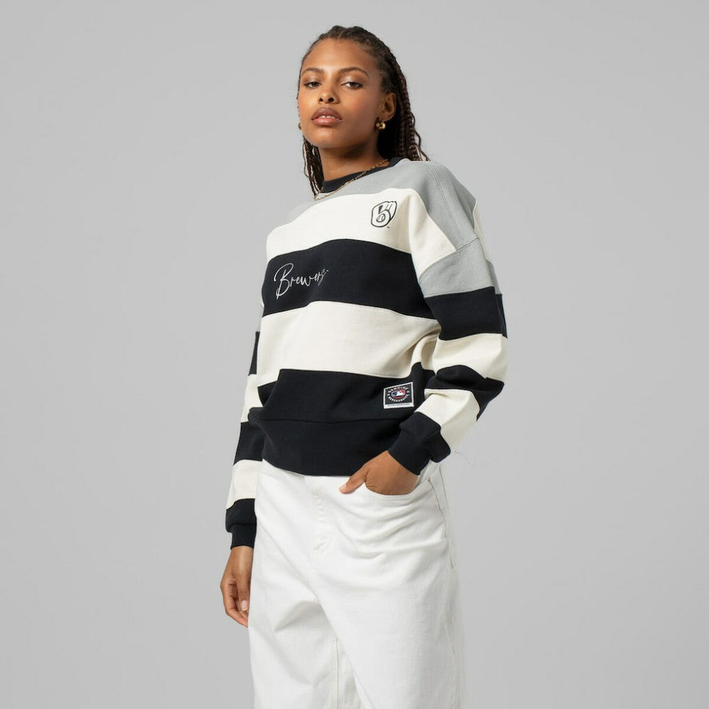 Milwaukee Brewers Mitchell & Ness Women's Cooperstown Collection Blocked Fleece Pullover Sweatshirt- Gray/Black - MLB Pullover