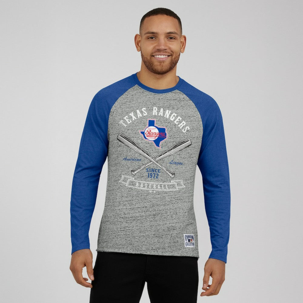 Texas Rangers Darius Rucker Collection by Fanatics Raw Edge Raglan Long Sleeve Baseball T-Shirt - MLB T-shirts
