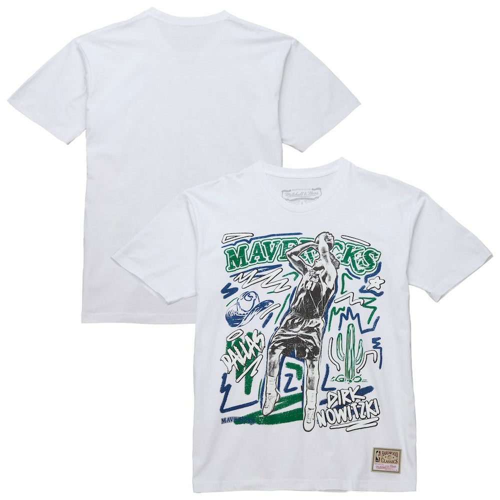 White Dirk Nowitzki Dallas Mavericks Hardwood Classics Chalked Up T-Shirt sale | NBA
