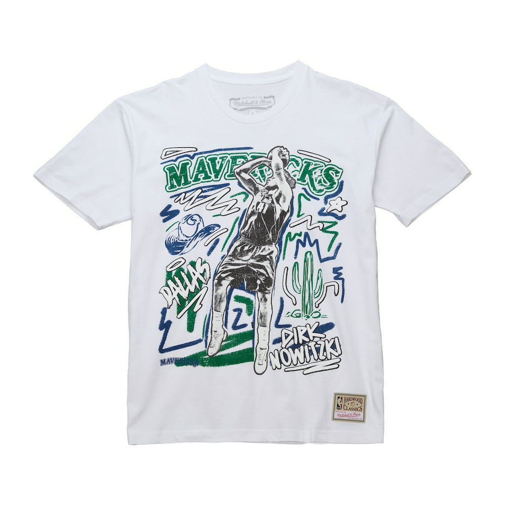 White Dirk Nowitzki Dallas Mavericks Hardwood Classics Chalked Up T-Shirt sale | NBA