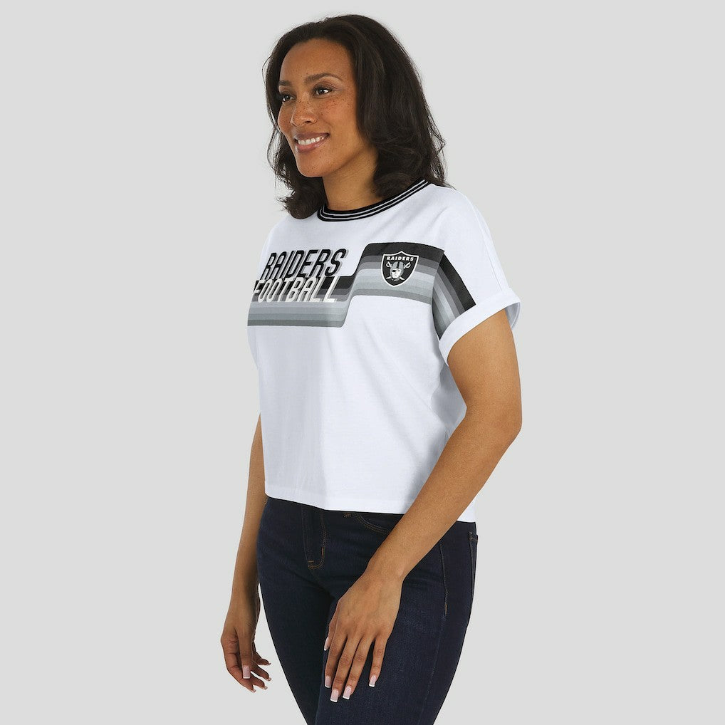 Las Vegas Raiders WEAR by Erin Andrews Women's Cropped Center Stripe Dolman T-Shirt | NFL Hot