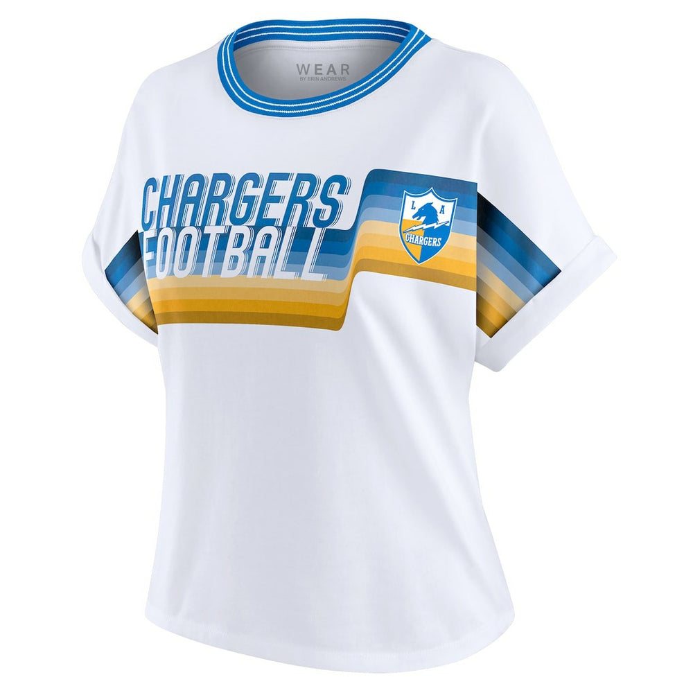 Los Angeles Chargers WEAR by Erin Andrews Women's Cropped Center Stripe Dolman T-Shirt | NFL Outlet