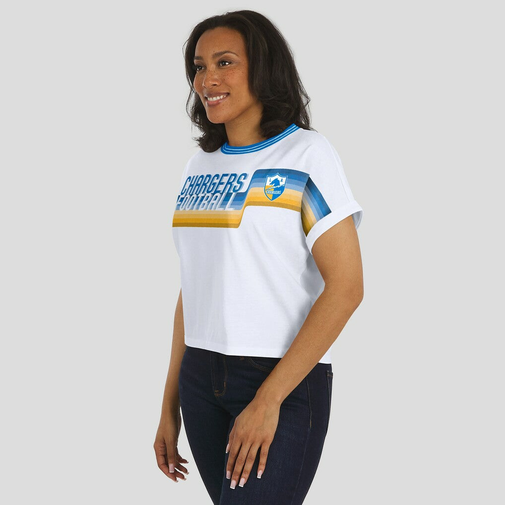 Los Angeles Chargers WEAR by Erin Andrews Women's Cropped Center Stripe Dolman T-Shirt | NFL Outlet