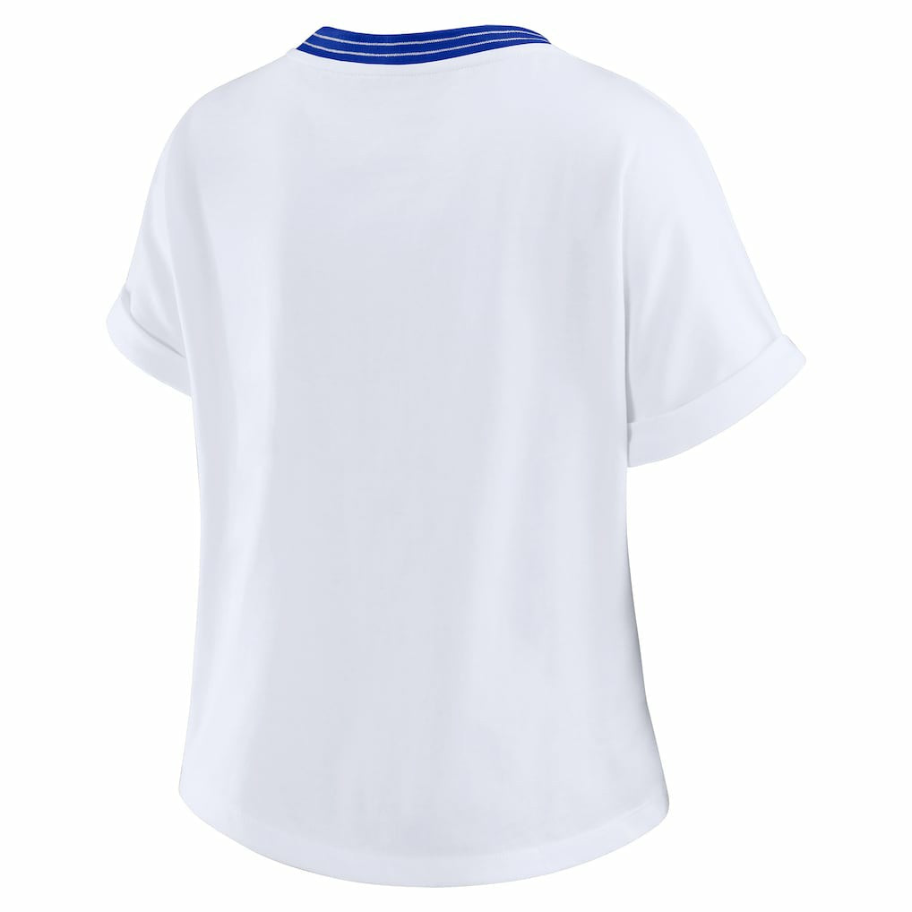 Los Angeles Rams WEAR by Erin Andrews Women's Cropped Center Stripe Dolman T-Shirt | NFL US
