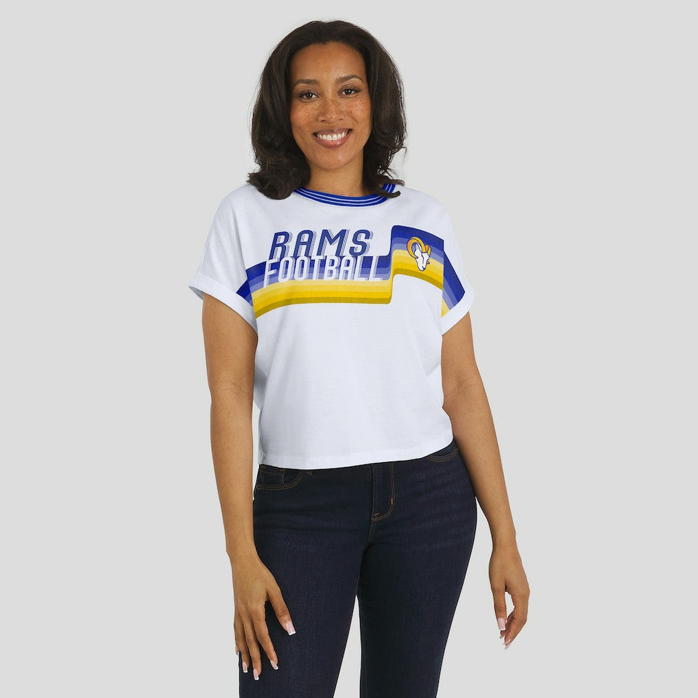 Los Angeles Rams WEAR by Erin Andrews Women's Cropped Center Stripe Dolman T-Shirt | NFL US