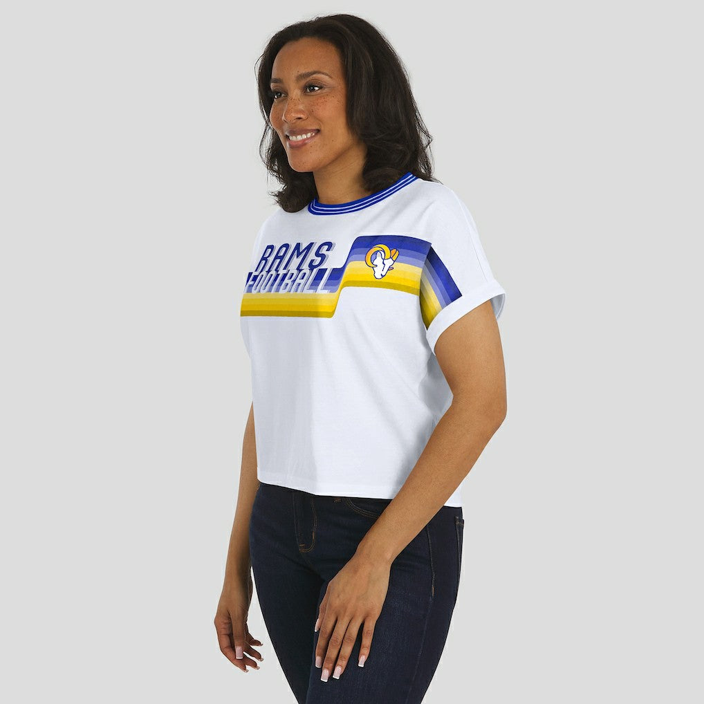 Los Angeles Rams WEAR by Erin Andrews Women's Cropped Center Stripe Dolman T-Shirt | NFL US