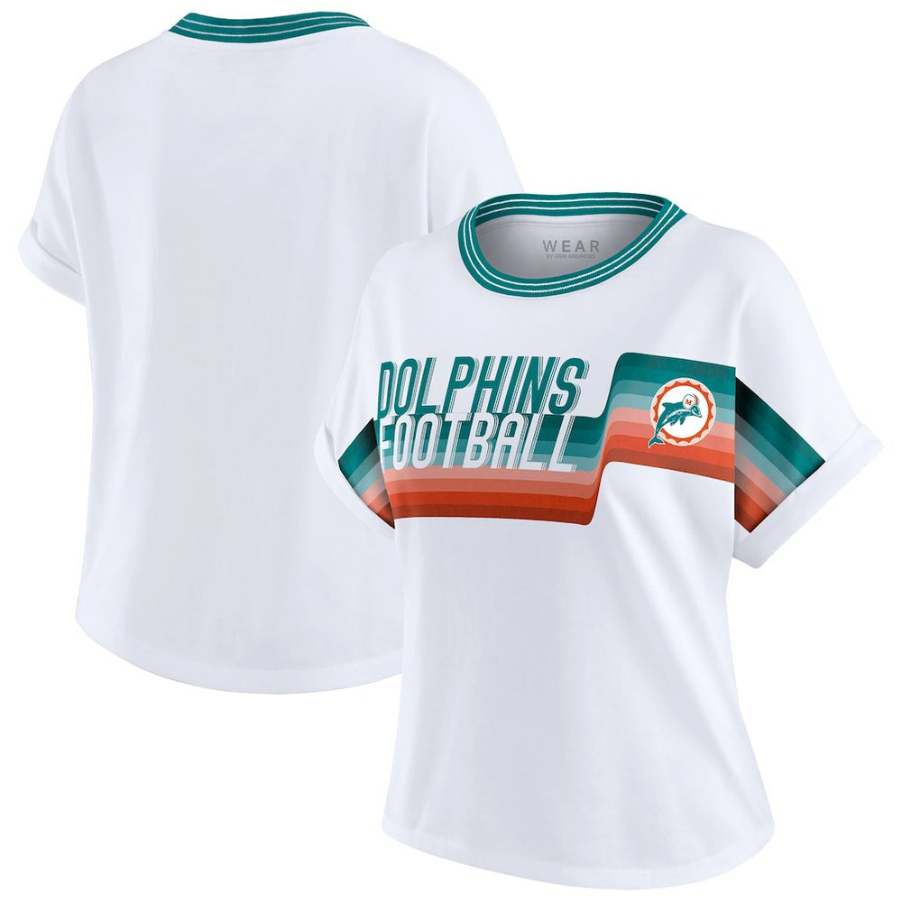 Miami Dolphins WEAR by Erin Andrews Women's Cropped Center Stripe Dolman T-Shirt | NFL Sale