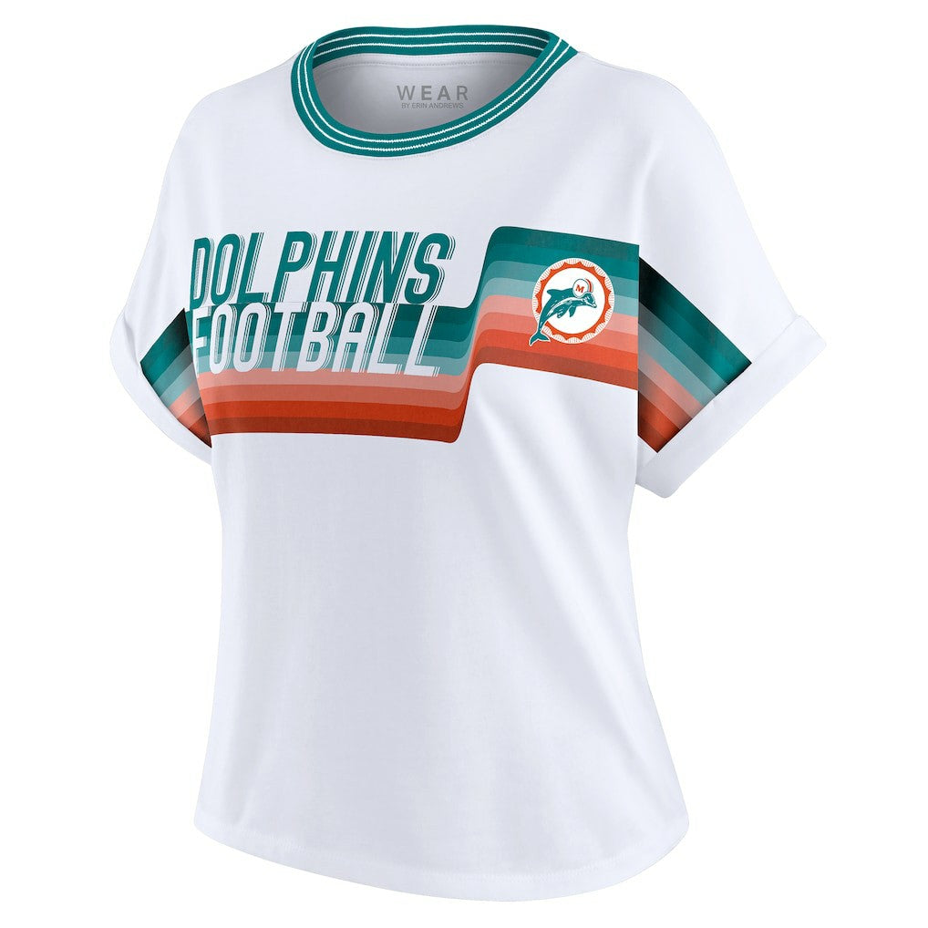 Miami Dolphins WEAR by Erin Andrews Women's Cropped Center Stripe Dolman T-Shirt | NFL Sale