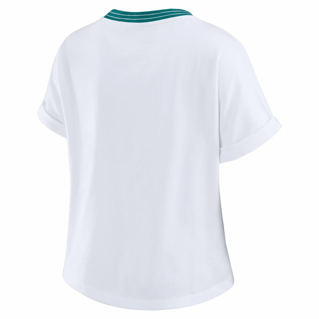 Miami Dolphins WEAR by Erin Andrews Women's Cropped Center Stripe Dolman T-Shirt | NFL Sale