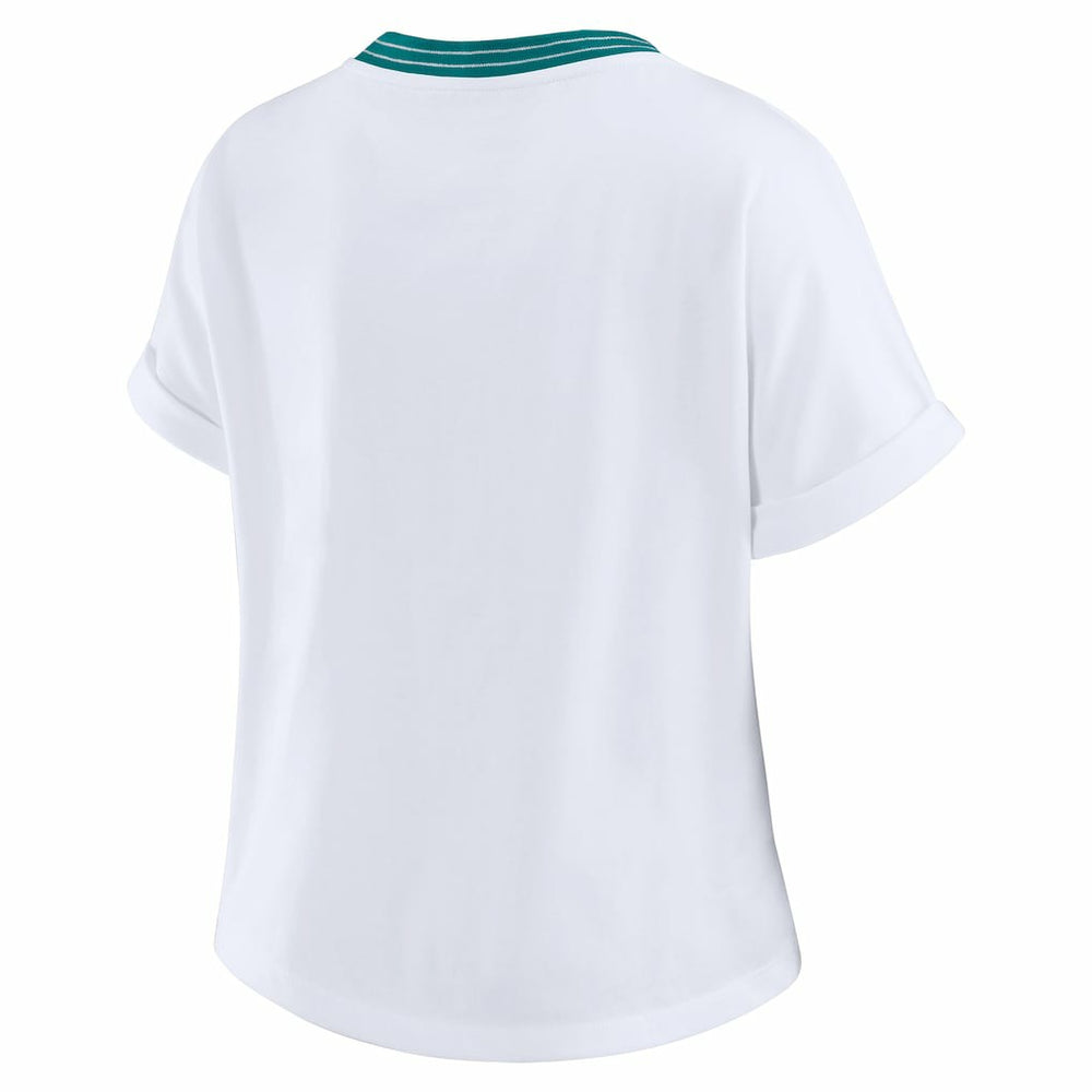 Miami Dolphins WEAR by Erin Andrews Women's Cropped Center Stripe Dolman T-Shirt | NFL Sale
