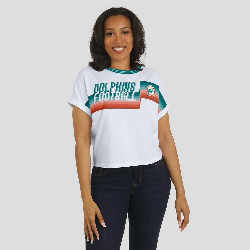 Miami Dolphins WEAR by Erin Andrews Women's Cropped Center Stripe Dolman T-Shirt | NFL Sale