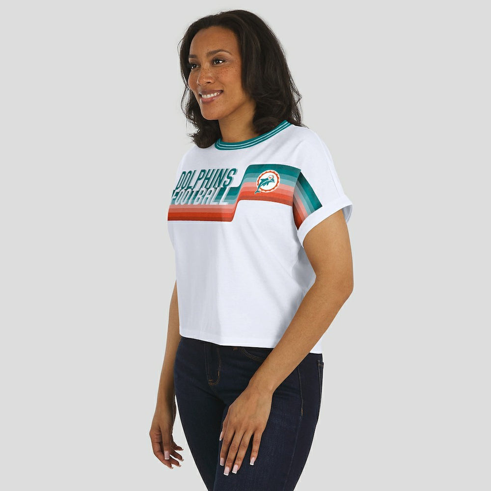Miami Dolphins WEAR by Erin Andrews Women's Cropped Center Stripe Dolman T-Shirt | NFL Sale