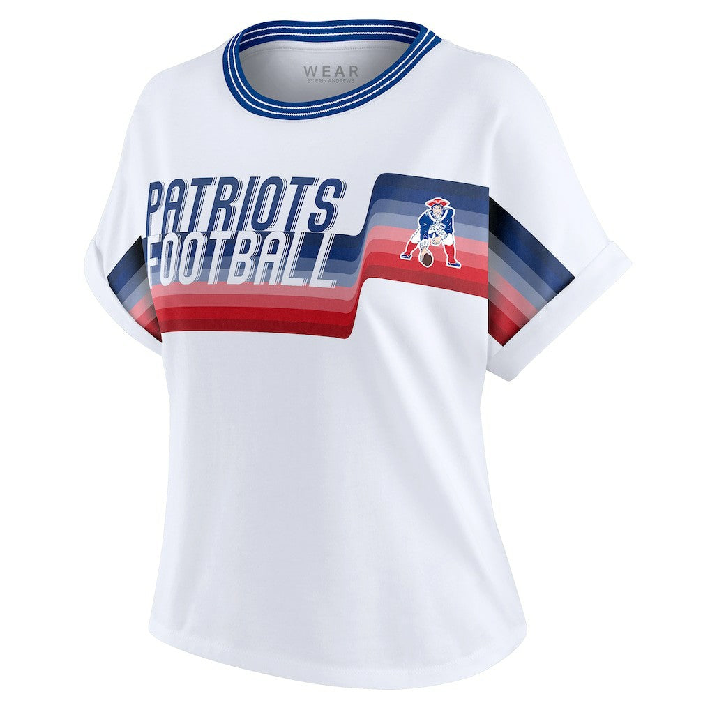 New England Patriots WEAR by Erin Andrews Women's Cropped Center Stripe Dolman T-Shirt | NFL Sale