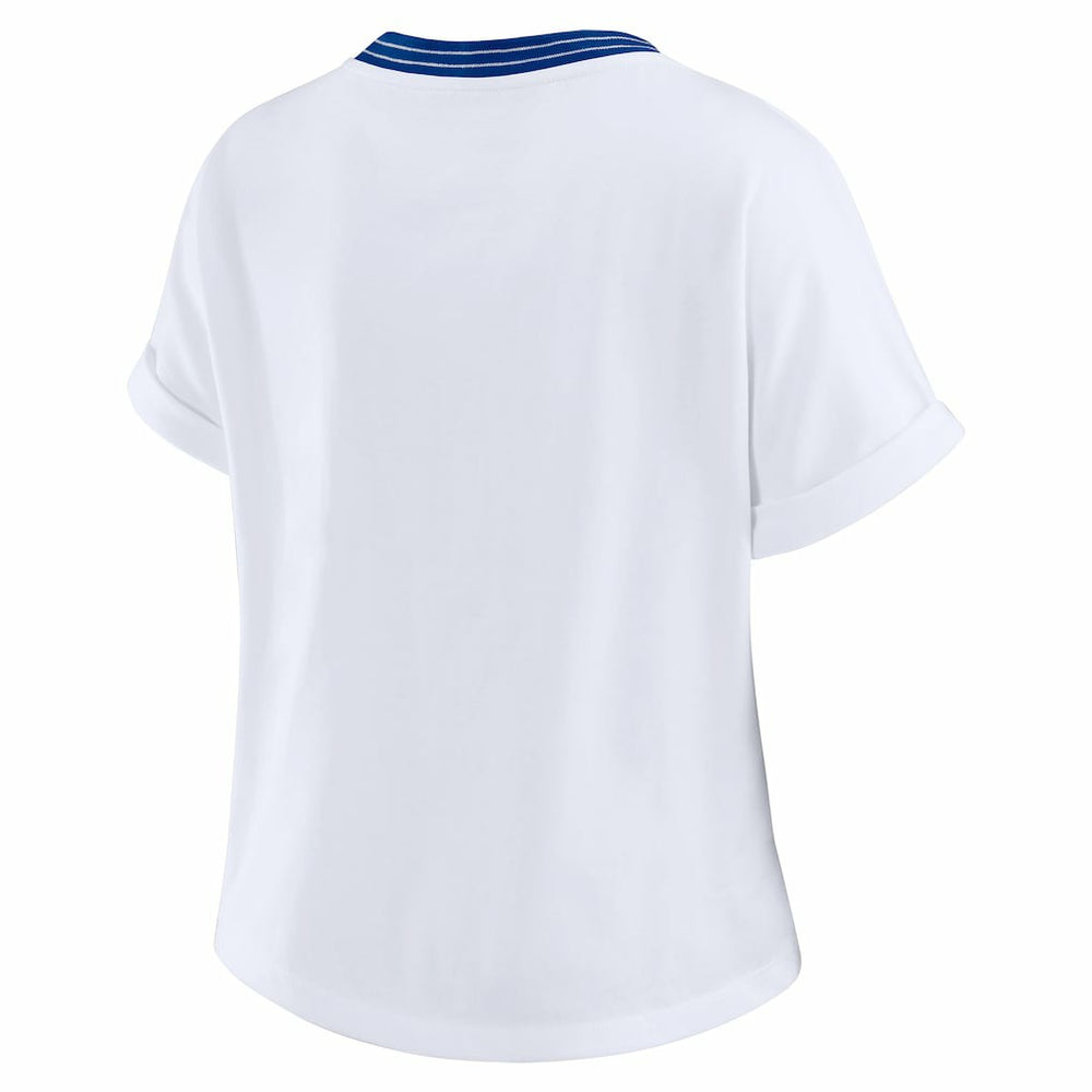 New England Patriots WEAR by Erin Andrews Women's Cropped Center Stripe Dolman T-Shirt | NFL Sale