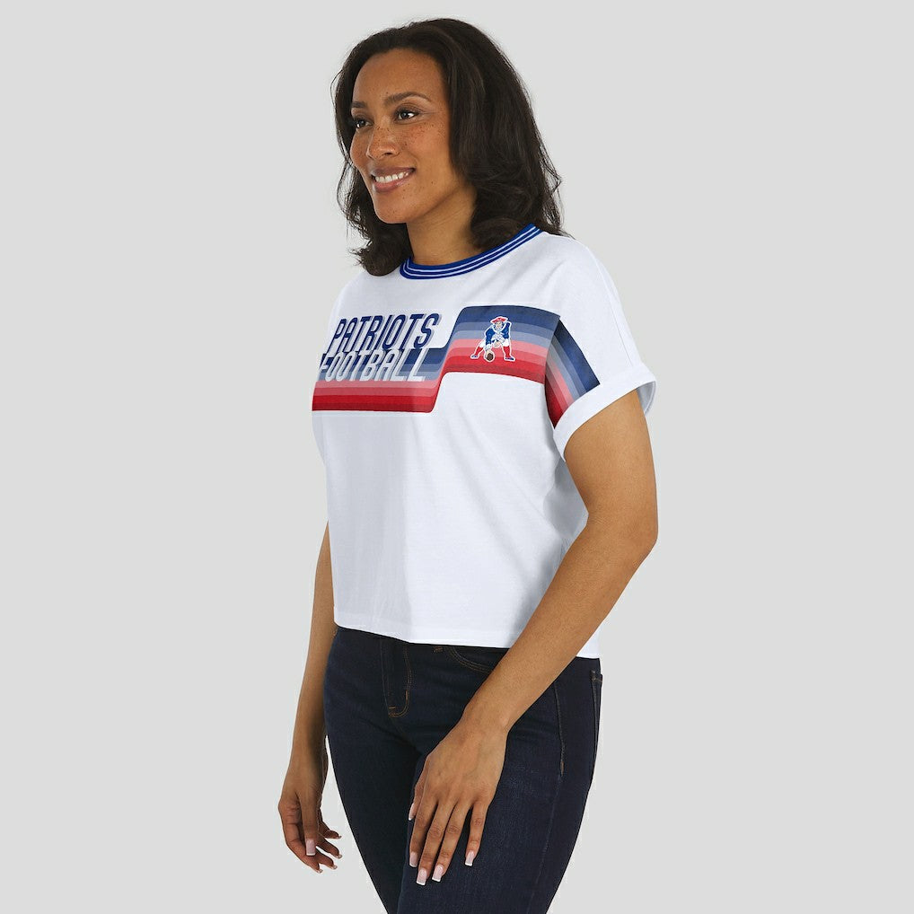 New England Patriots WEAR by Erin Andrews Women's Cropped Center Stripe Dolman T-Shirt | NFL Sale