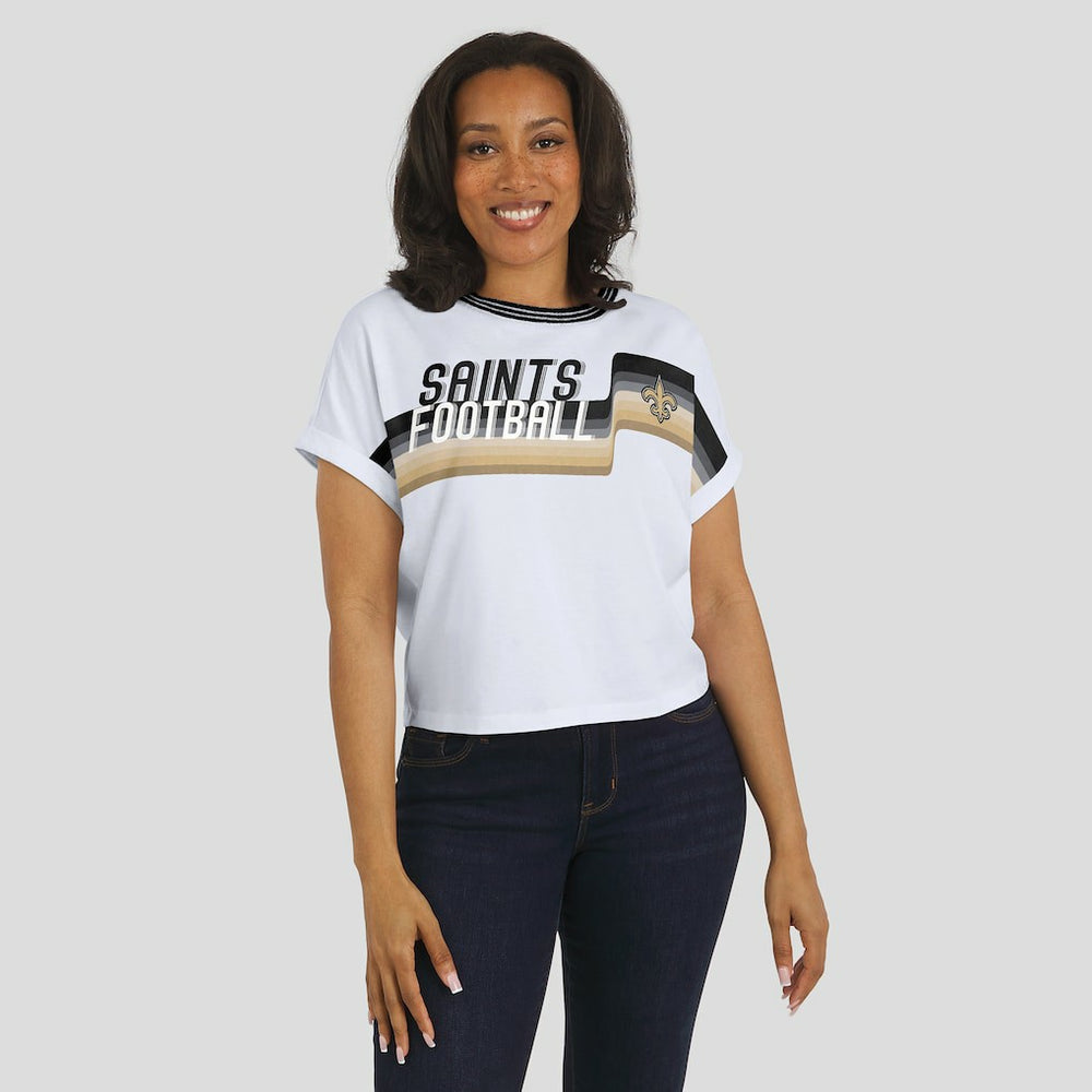 New Orleans Saints WEAR by Erin Andrews Women's Cropped Center Stripe Dolman T-Shirt | NFL Hot