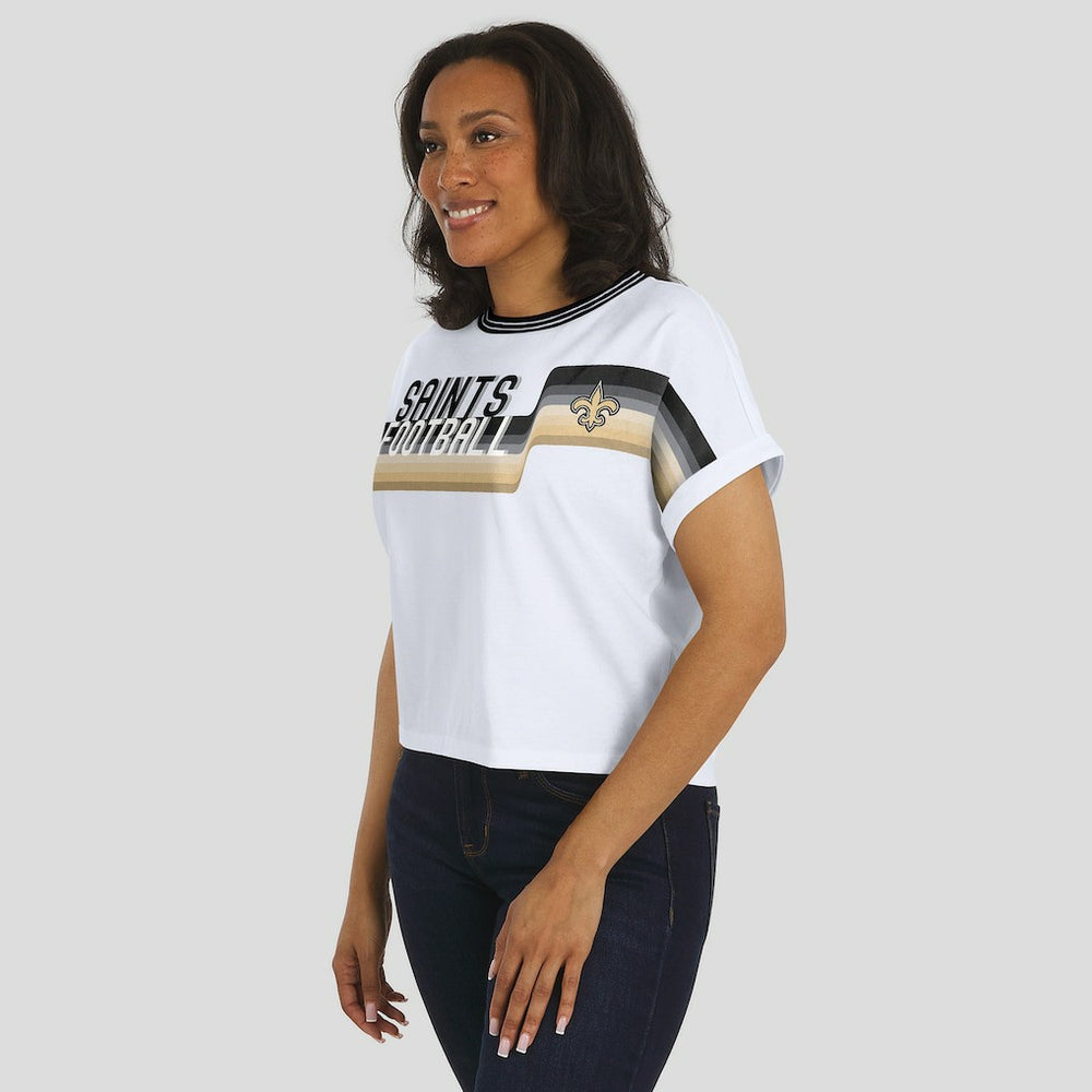 New Orleans Saints WEAR by Erin Andrews Women's Cropped Center Stripe Dolman T-Shirt | NFL Hot