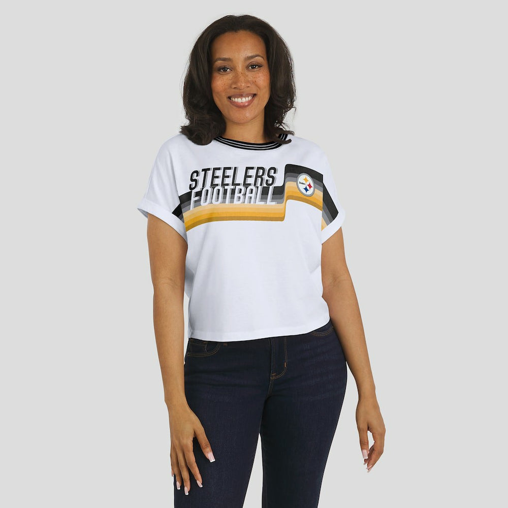 Pittsburgh Steelers WEAR by Erin Andrews Women's Cropped Center Stripe Dolman T-Shirt | NFL Outlet