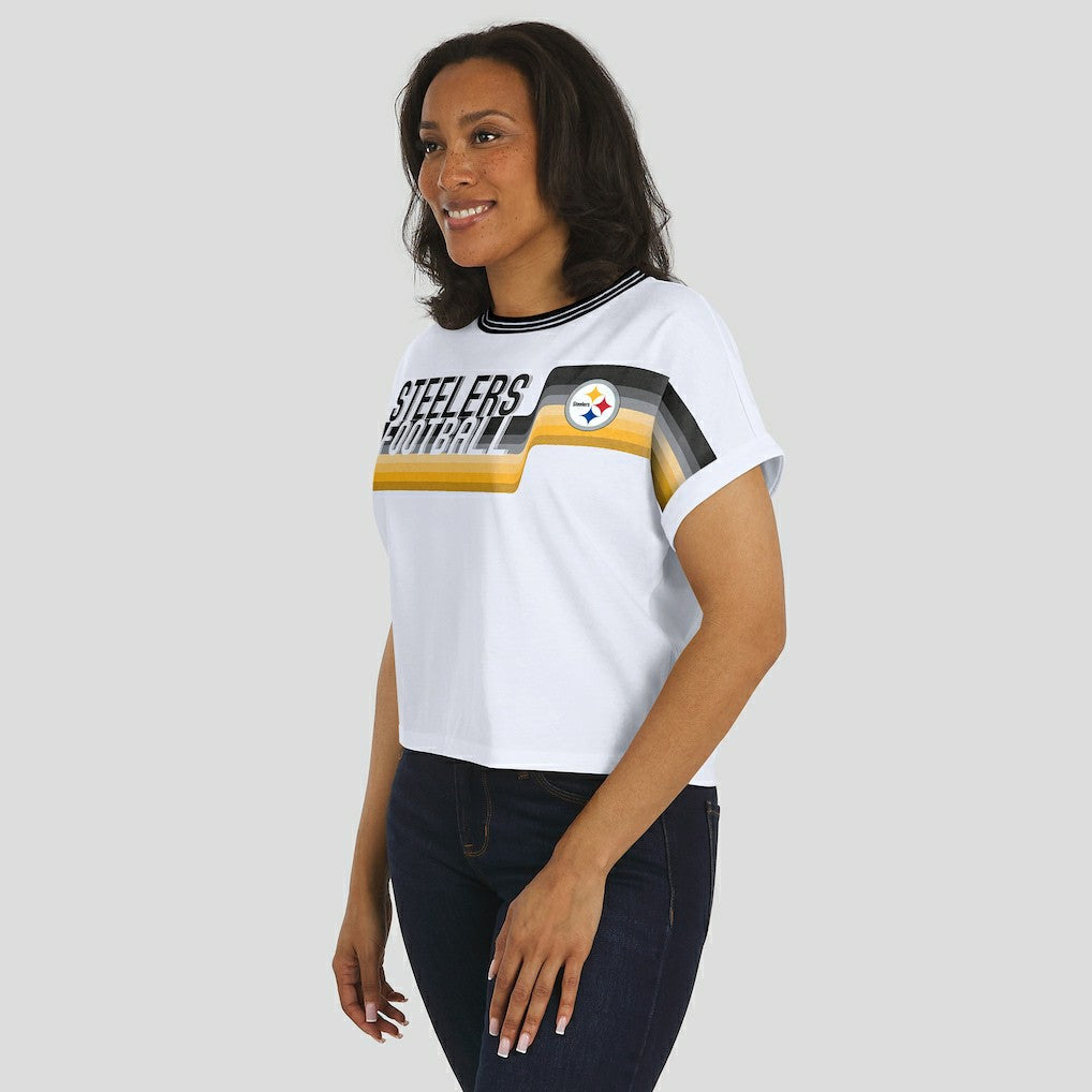 Pittsburgh Steelers WEAR by Erin Andrews Women's Cropped Center Stripe Dolman T-Shirt | NFL Outlet