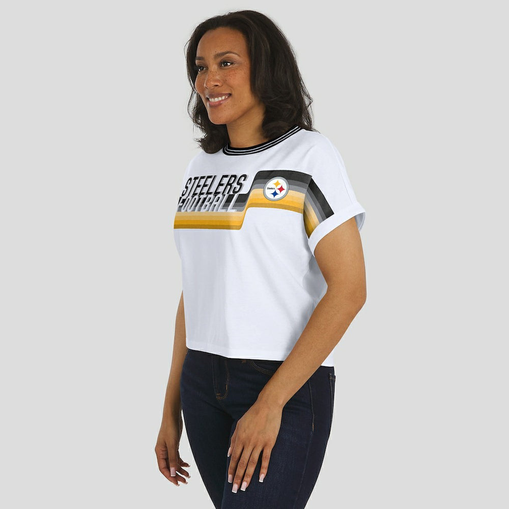 Pittsburgh Steelers WEAR by Erin Andrews Women's Cropped Center Stripe Dolman T-Shirt | NFL Outlet
