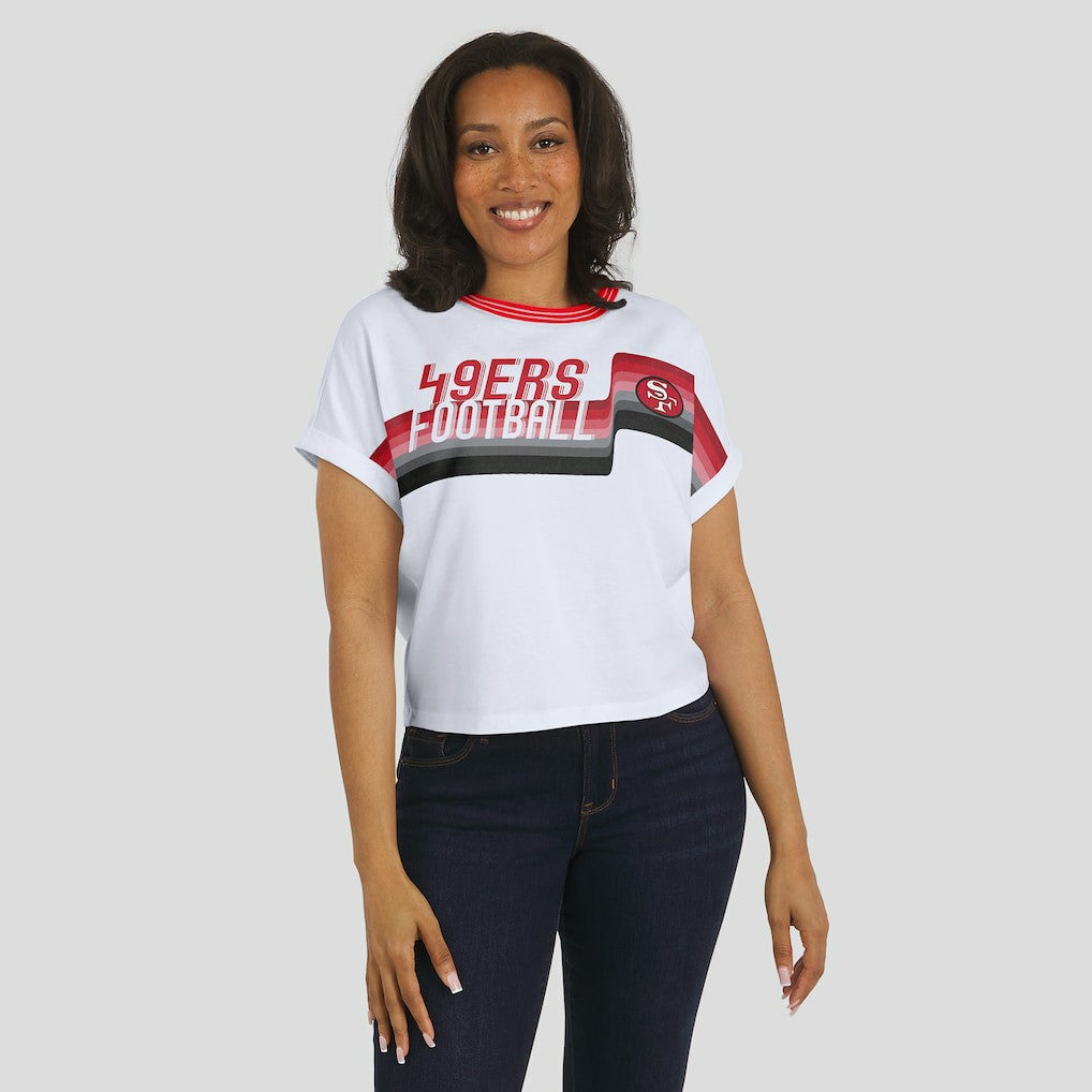 San Francisco 49ers WEAR by Erin Andrews Women's Cropped Center Stripe Dolman T-Shirt | NFL Hot