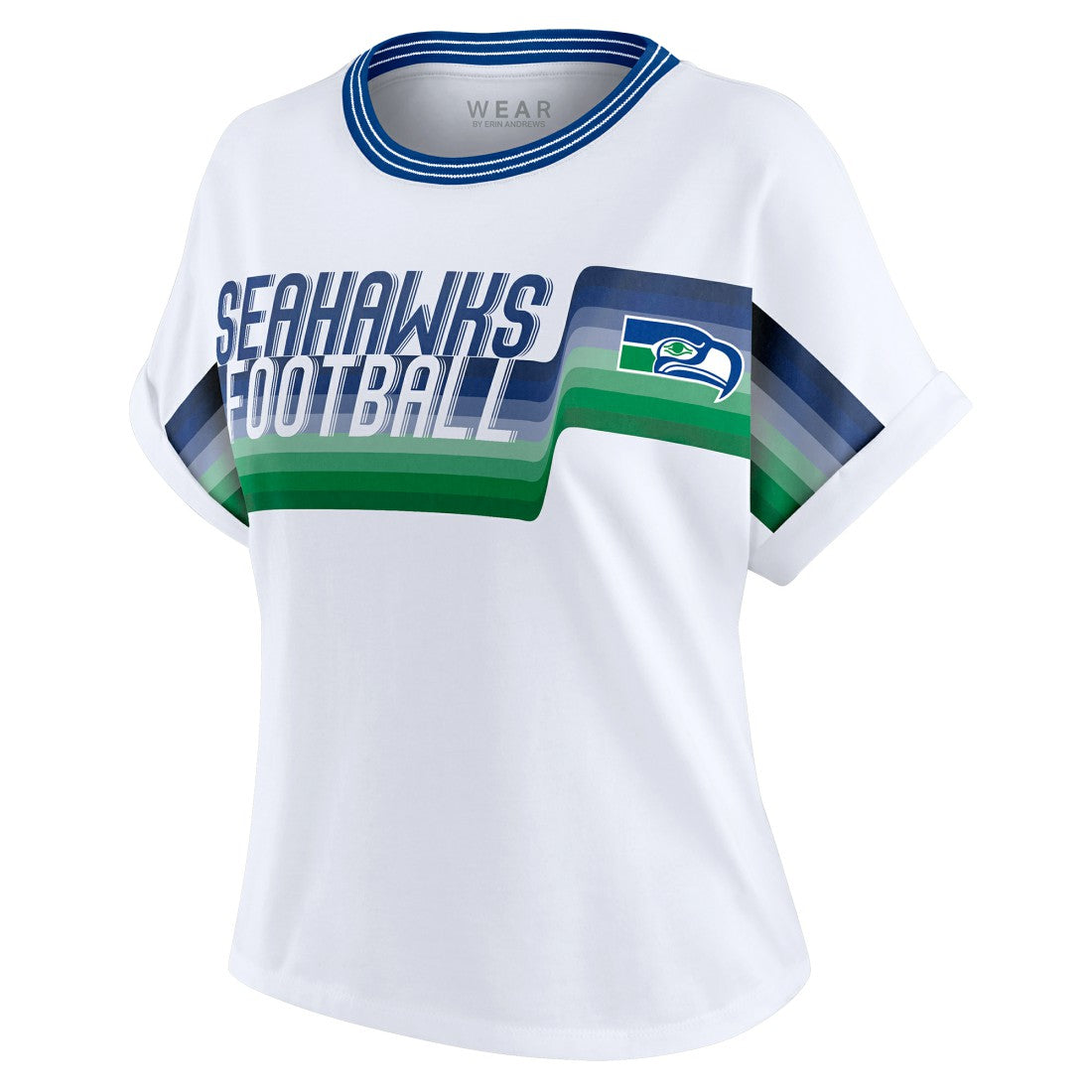 Seattle Seahawks WEAR by Erin Andrews Women's Cropped Center Stripe Dolman T-Shirt | NFL Hot