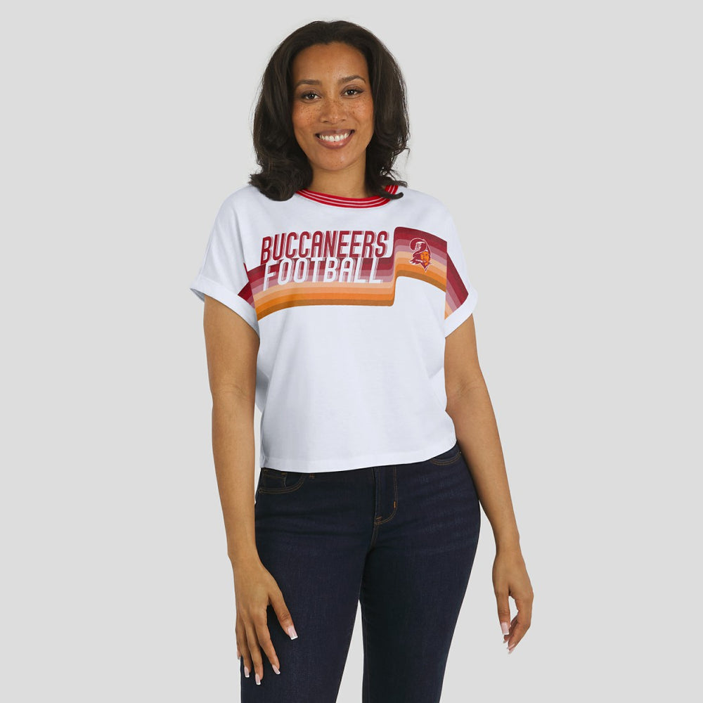 Tampa Bay Buccaneers WEAR by Erin Andrews Women's Cropped Center Stripe Dolman T-Shirt | NFL US