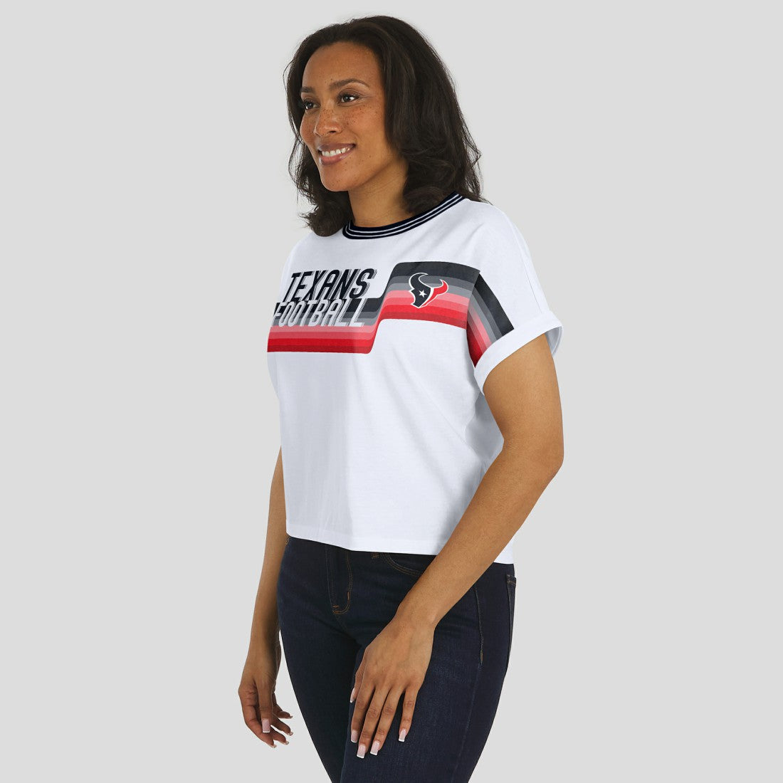 Houston Texans WEAR by Erin Andrews Women's Cropped Center Stripe Dolman T-Shirt | NFL Sale