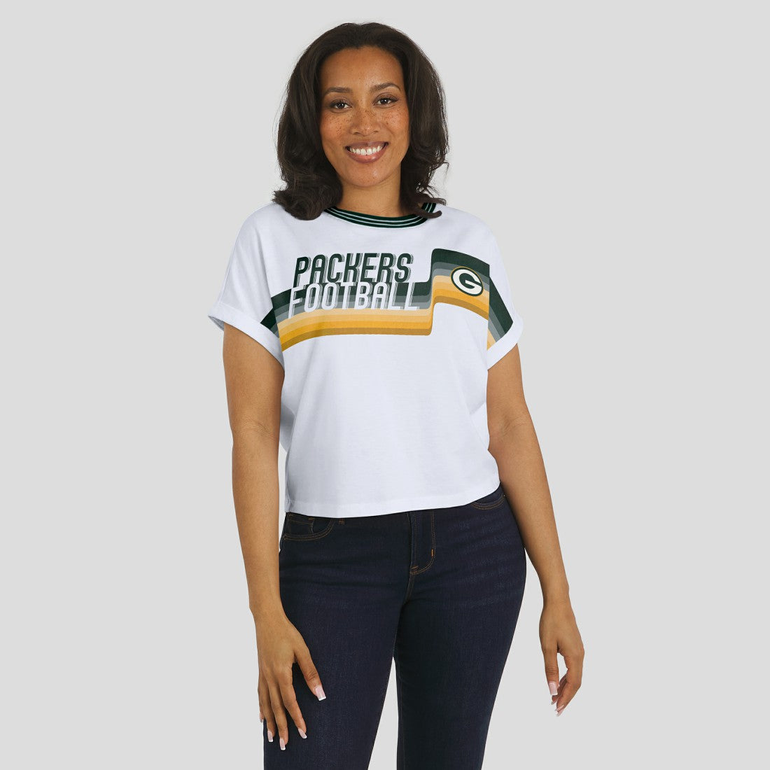 Green Bay Packers WEAR by Erin Andrews Women's Cropped Center Stripe Dolman T-Shirt | NFL Online