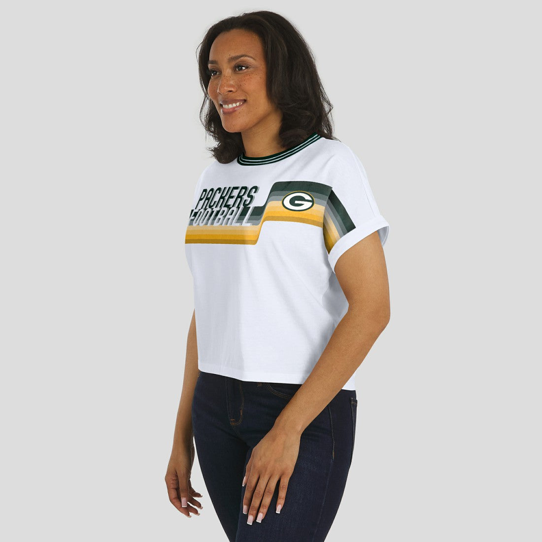 Green Bay Packers WEAR by Erin Andrews Women's Cropped Center Stripe Dolman T-Shirt | NFL Online