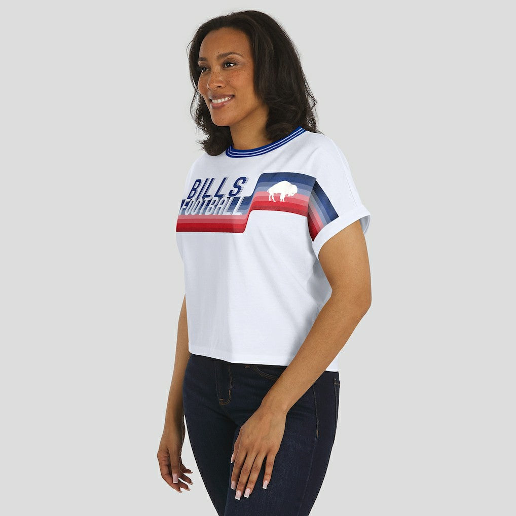 Buffalo Bills WEAR by Erin Andrews Women's Cropped Center Stripe Dolman T-Shirt | NFL Hot