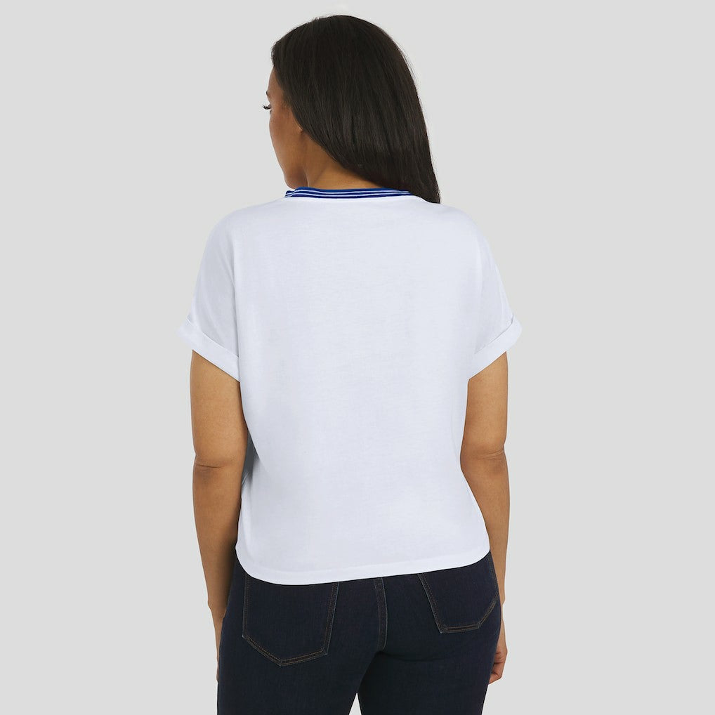 Buffalo Bills WEAR by Erin Andrews Women's Cropped Center Stripe Dolman T-Shirt | NFL Hot