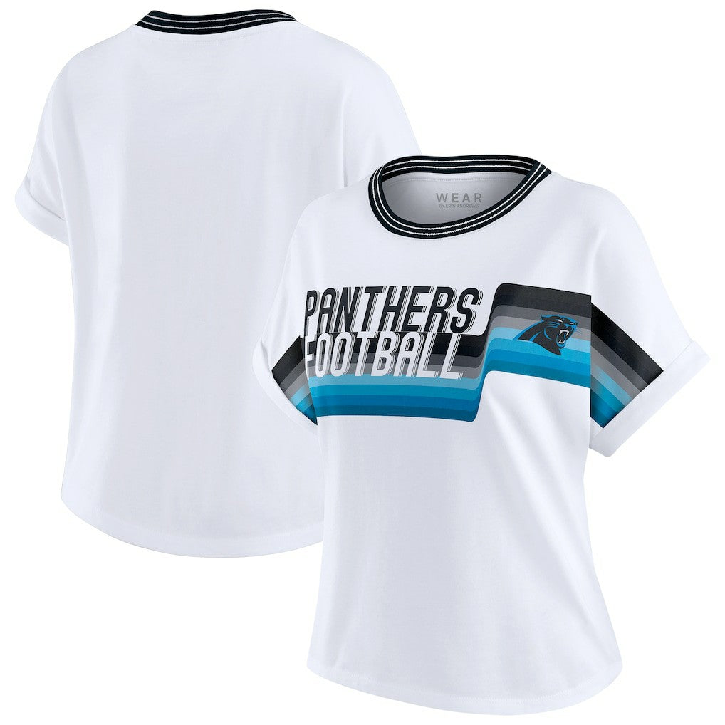 Carolina Panthers WEAR by Erin Andrews Women's Cropped Center Stripe Dolman T-Shirt | NFL Outlet
