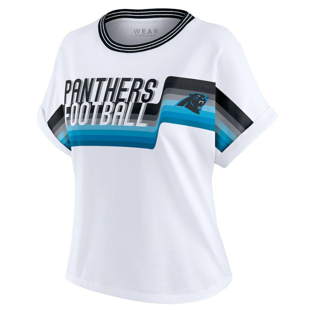 Carolina Panthers WEAR by Erin Andrews Women's Cropped Center Stripe Dolman T-Shirt | NFL Outlet