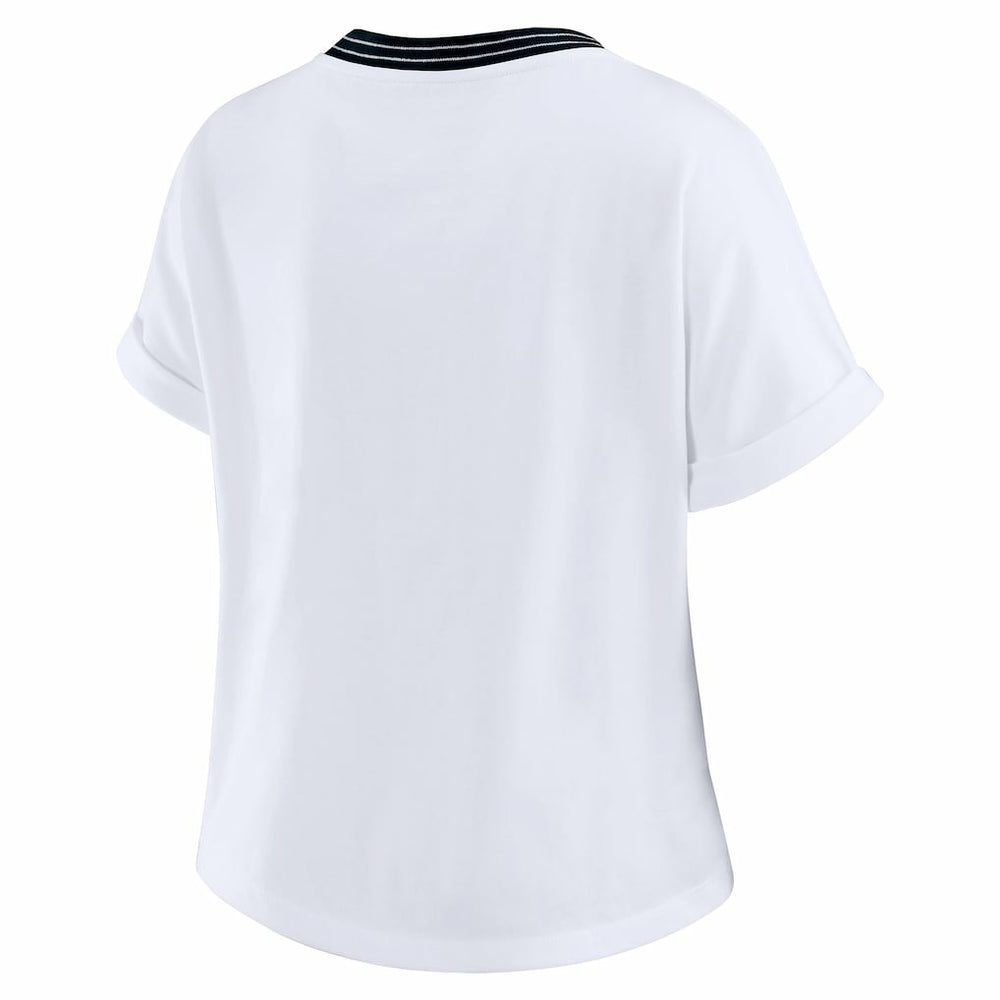 Carolina Panthers WEAR by Erin Andrews Women's Cropped Center Stripe Dolman T-Shirt | NFL Outlet