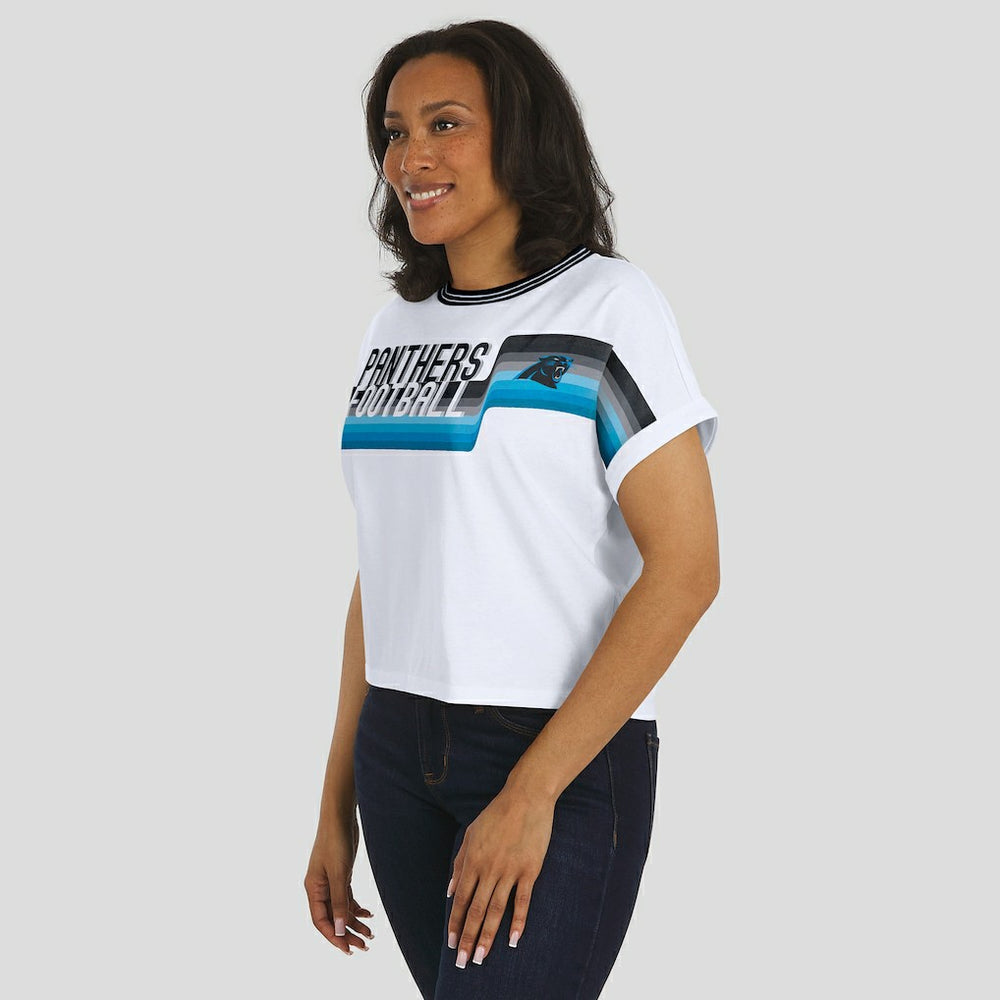 Carolina Panthers WEAR by Erin Andrews Women's Cropped Center Stripe Dolman T-Shirt | NFL Outlet