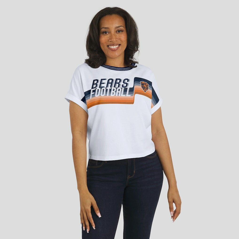 Chicago Bears WEAR by Erin Andrews Women's Cropped Center Stripe Dolman T-Shirt | NFL Outlet
