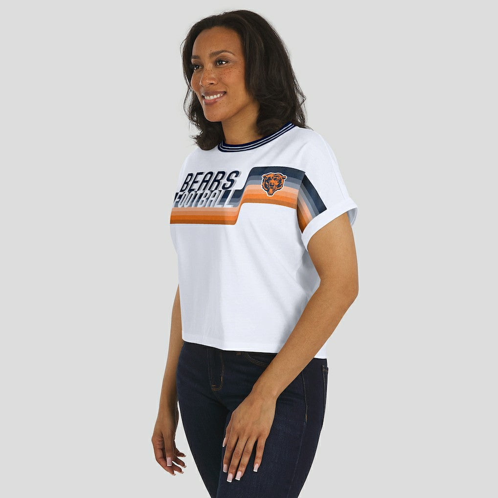Chicago Bears WEAR by Erin Andrews Women's Cropped Center Stripe Dolman T-Shirt | NFL Outlet