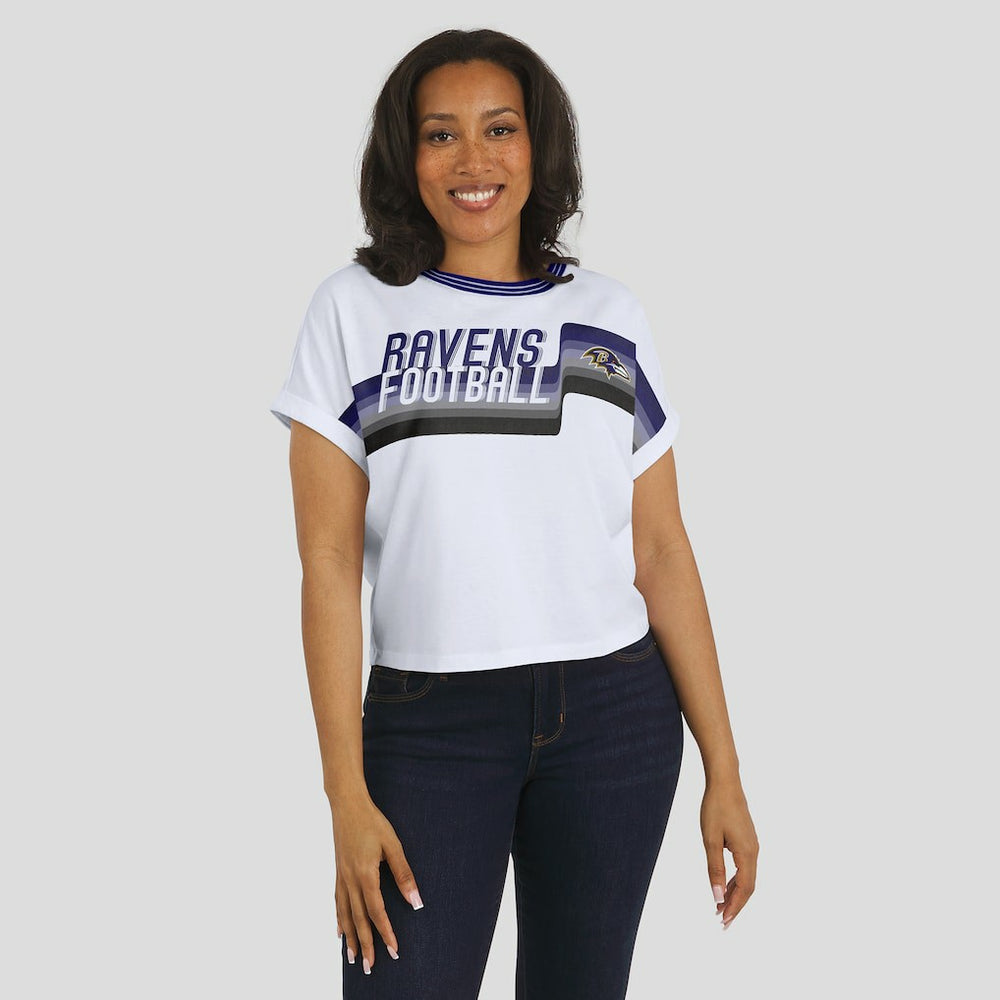 Baltimore Ravens WEAR by Erin Andrews Women's Cropped Center Stripe Dolman T-Shirt | NFL On sale