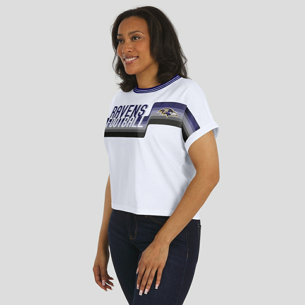 Baltimore Ravens WEAR by Erin Andrews Women's Cropped Center Stripe Dolman T-Shirt | NFL On sale