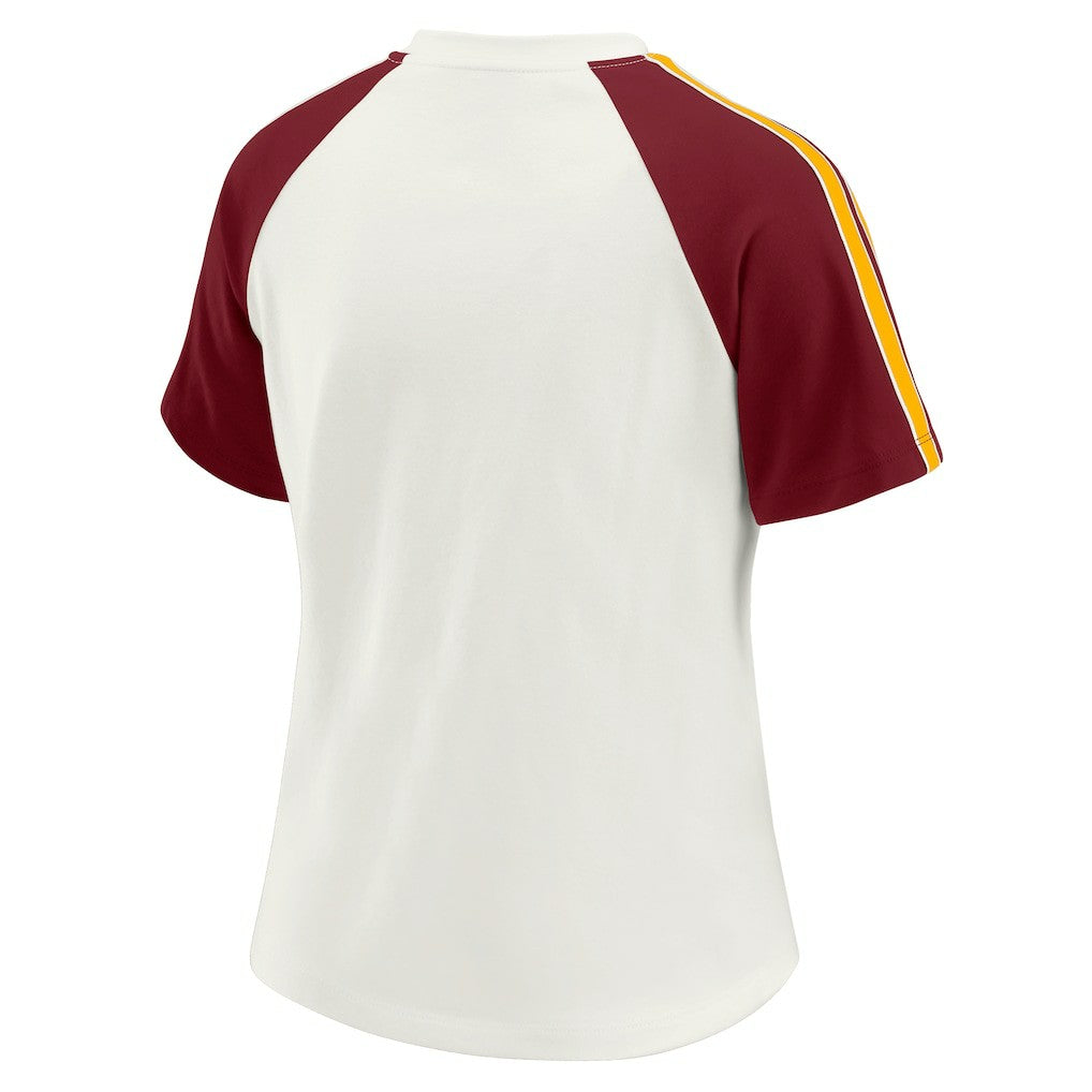 Washington Commanders WEAR by Erin Andrews Women's Sleeve Stripe Distressed Raglan T-Shirt | NFL Discount