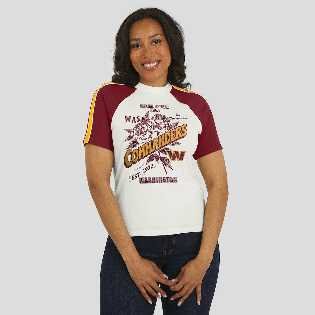 Washington Commanders WEAR by Erin Andrews Women's Sleeve Stripe Distressed Raglan T-Shirt | NFL Discount
