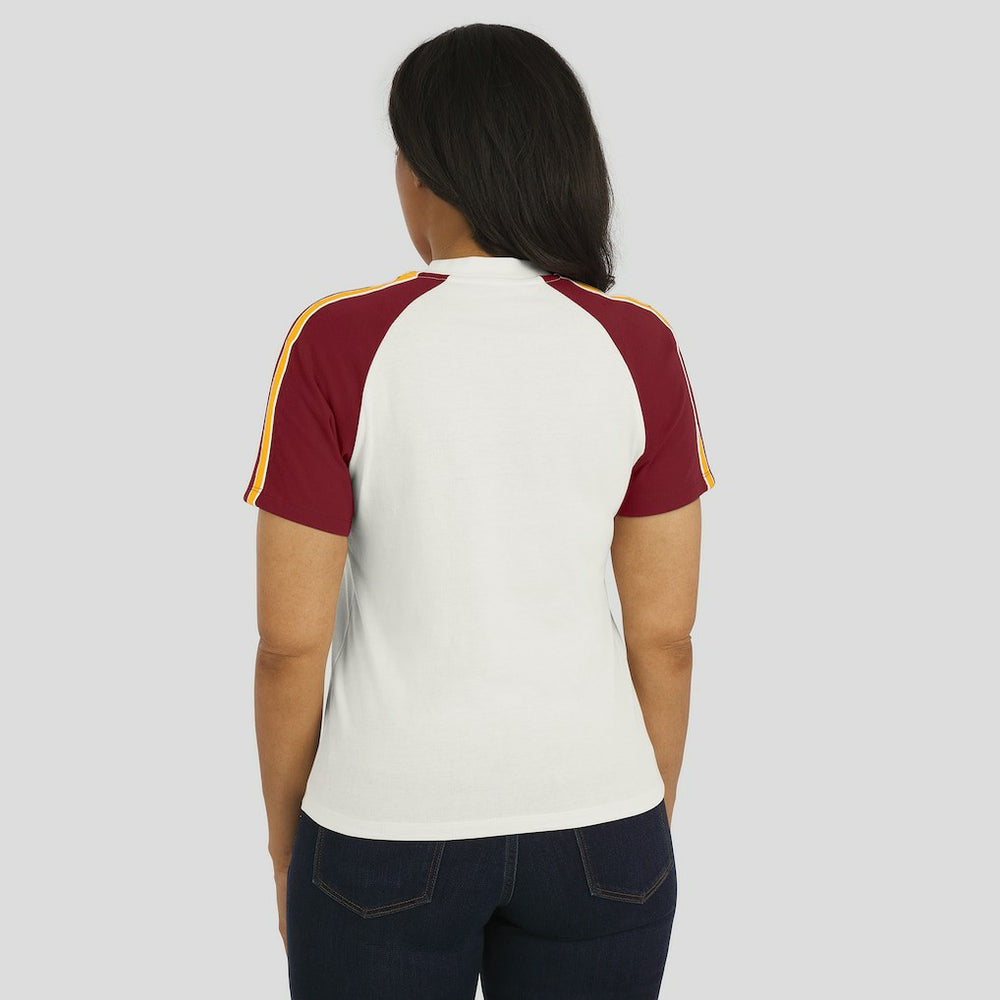 Washington Commanders WEAR by Erin Andrews Women's Sleeve Stripe Distressed Raglan T-Shirt | NFL Discount