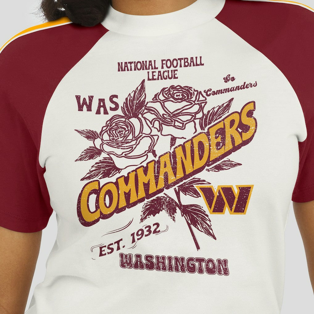 Washington Commanders WEAR by Erin Andrews Women's Sleeve Stripe Distressed Raglan T-Shirt | NFL Discount