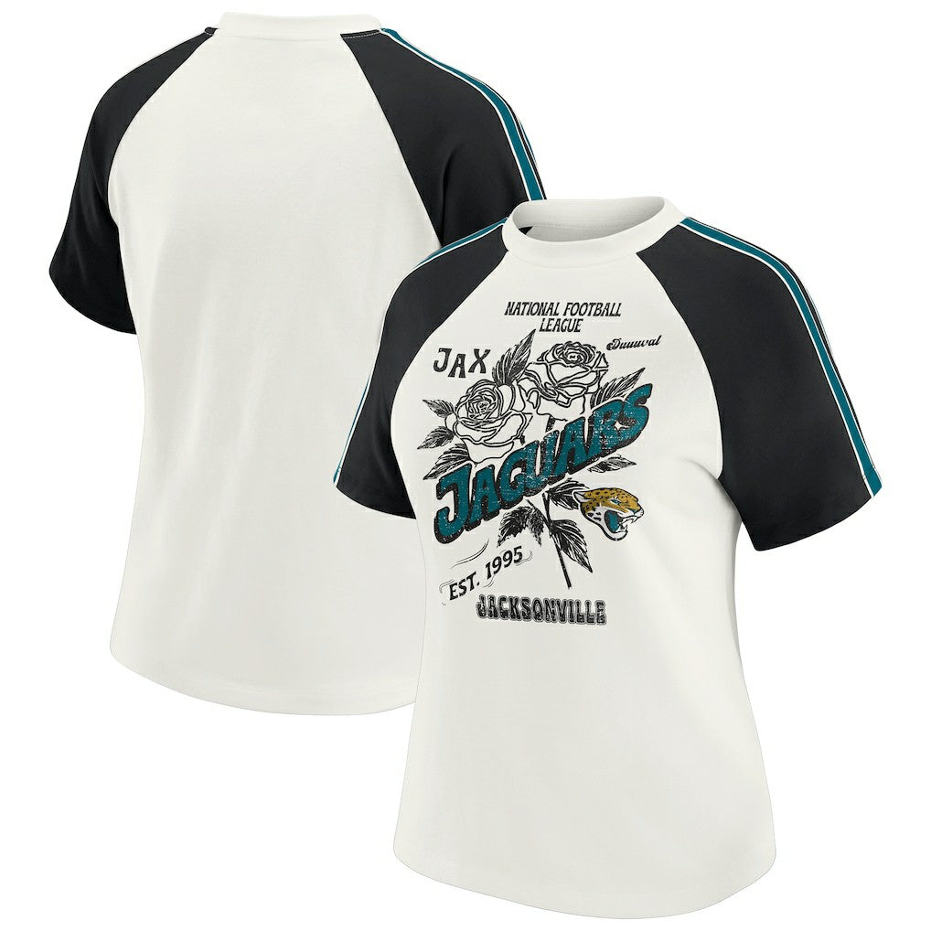 Jacksonville Jaguars WEAR by Erin Andrews Women's Sleeve Stripe Distressed Raglan T-Shirt | NFL Sale