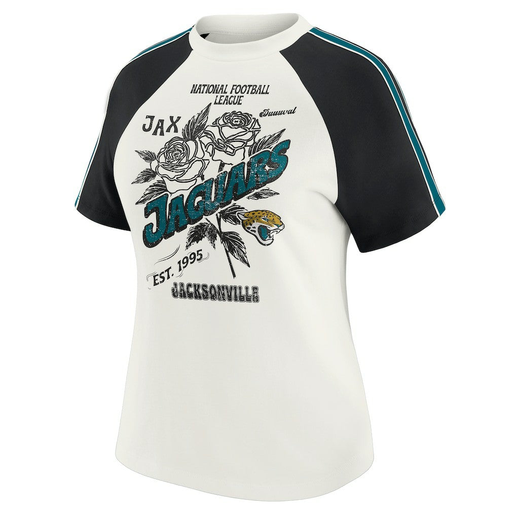 Jacksonville Jaguars WEAR by Erin Andrews Women's Sleeve Stripe Distressed Raglan T-Shirt | NFL Sale