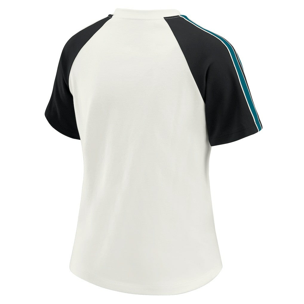 Jacksonville Jaguars WEAR by Erin Andrews Women's Sleeve Stripe Distressed Raglan T-Shirt | NFL Sale